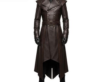 Gabardina medieval de cuero negro – Disfraz gótico LARP hecho a mano para cosplay – Prenda exterior steampunk fantástica – Regalo para él