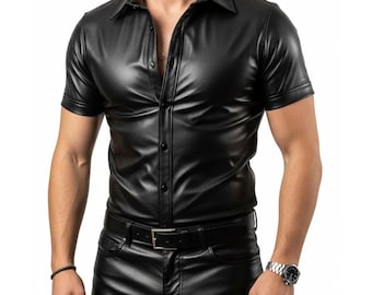 Handmade Genuine Leather Half Sleeve Shirt for Men – Black Leather T Shirt – Slim Fit Biker Streetwear Top – Gift for Him