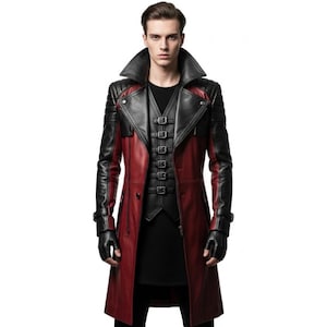 May include: A long, red and black leather coat with a wide collar and multiple buckles. The coat features black leather sleeves and a black vest underneath. The model is wearing black gloves.