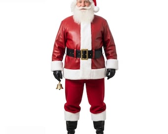 Abrigo rojo de Papá Noel hecho a mano en piel – Disfraz navideño de piel auténtica – Ropa de abrigo festiva – Regalo para él o ella