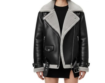 Genuine Leather Women Bomber Jacket – Short Leather Jacket with Faux Fur Collar – Winter Streetwear Gift