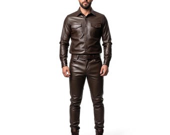 Conjunto de pantalón y camisa de piel de oveja marrón hecho a mano – Traje de piel auténtica hecho a medida – Estilo motero urbano – Regalo para él