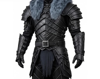 Wintermaw Revenant – Handgjord svart läderrustning med blå pälskrage – Gotisk medeltida riddare LARP Cosplay-kostym – Gåva till honom