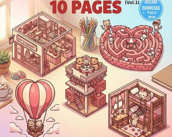 10 Valentine Cat Isometric Coloring Pages Vol 1 Miniature Kitten Printable Worksheet Kids Activity