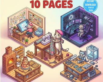 10 Isometric Cat Coloring pages: Modern Jobs & Kawaii Professions for Kids