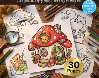 Cozy Cottagecore Gnome and Kitten Coloring Book Relaxing Fantasy Mushroom World Printable PDF