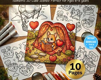 Isometric Corgi Coloring Pages, Valentine Room Interior Printable, Kawaii Puppy 3D Activity Sheets