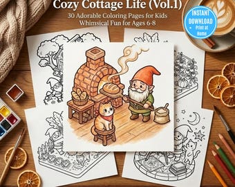 Whimsical Gnome and Cat Coloring Pages, Cottagecore Kitten Printable, Cozy Fantasy Activity Book PDF