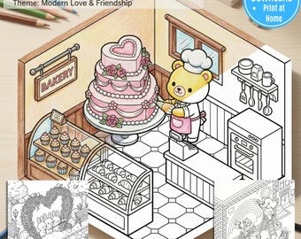 Isometric Animal Coloring Pages: Love & Friendship Rooms, Printable PDF for Kids