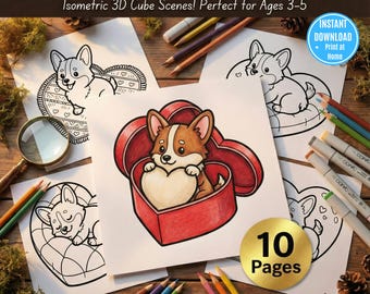 Valentines Day Corgi Puppy Coloring Pages Printable Kids Activity Heart Theme Preschool Worksheet PDF