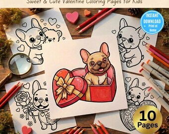 French Bulldog Valentine Coloring Pages Printable, Frenchie Puppy Love Sheets, Kids Dog Activity