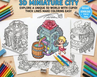 Little Cupid's 3D Miniature City Coloring Page, Isometric Chibi Adventures, Valentine STEAM Activity