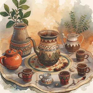 May include: Watercolor illustration of a tea set with a variety of ceramic teacups, teapots, and a vase with greenery. The set is arranged on a round tray with a decorative border. The color palette includes shades of brown, orange, and green.