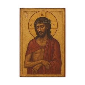 Può includere: Icona raffigurante una figura con una corona di spine, che indossa una veste rossa e un'aureola. La figura ha la barba e i capelli lunghi. Lo sfondo è dorato e l'icona è incorniciata da un bordo marrone scuro.