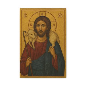 May include: An icon depicting a figure with a halo, wearing a red robe and blue cloak, holding a staff and a lamb. The background is gold with Greek letters and a circular design. The image is framed in a gold border.