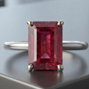 Emerald Cut Ruby Engagement Ring | Sterling Silver Solitaire | July Birthstone Rectangle Gemstone