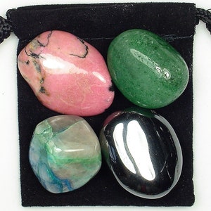 HIP SUPPORT Trommelkristall-Heilset – 4 Edelsteine mit Beschreibungskarte und Beutel – Aventurin, Hämatit, Onyx und Rhodonit