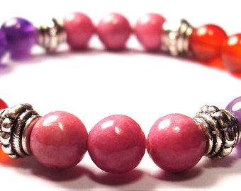 CANCER SUPPORT 8mm Crystal Intention Stretch Bead Bracelet with Description Card - Amethyst, Carnelian, and Rhodonite