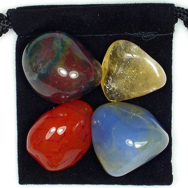 ENERGY BOOST Tumbled Crystal Healing Set - 4 Gemstones w/Description & Pouch - Bloodstone, Carnelian, Chalcedony, and Citrine