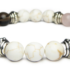 PENSAMIENTOS POSITIVOS 8mm Crystal Intention Stretch Bead Bracelet w/Description Card - Magnesite, Cuarzo Rosa, & Smoky Quartz