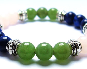 VERTIGO SUPPORT 8mm Crystal Intention Stretch Bead Bracelet with Description Card - Aventurine, Lapis Lazuli, and Rose Quartz