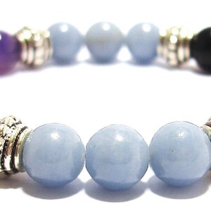 PAIN RELIEF APOYO 8mm Crystal Intention Stretch Bead Bracelet with Description Card - Amethyst, Angelite, & Black Obsidian