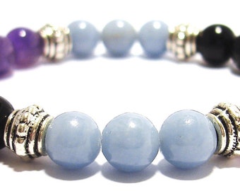 PAIN RELIEF SUPPORT 8mm Crystal Intention Stretch Bead Bracelet with Description Card - Amethyst, Angelite, & Black Obsidian