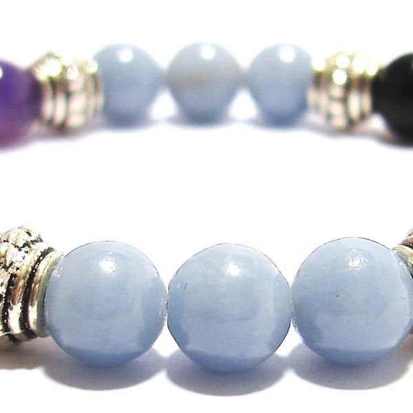 PAIN RELIEF SUPPORT 8mm Crystal Intention Stretch Bead Bracelet with Description Card - Amethyst, Angelite, & Black Obsidian