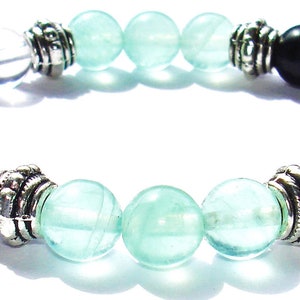 JOINT SUPPORT 8mm Crystal Intention Stretch Bead Armband mit Beschreibung Card-Clear Quartz, Fluorit, & Obsidian