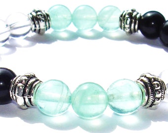 JOINT SUPPORT 8mm Crystal Intention Stretch Bead Bracelet with Description Card - Clear Quartz, Fluorite, & Obsidian