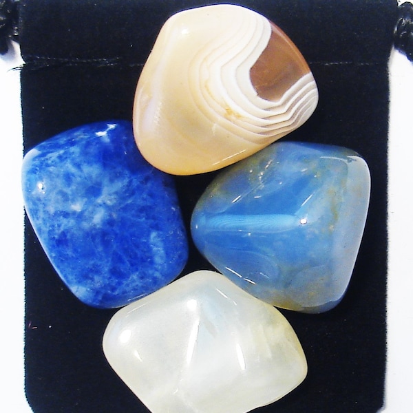 BREAST FEEDING SUPPORT Tumbled Crystal Healing Set - 4 Gemstones with Description & Pouch -  Agate, Blue Chalcedony, Moonstone, and Sodalite