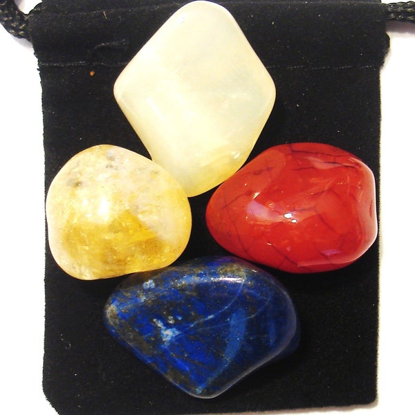 MENOPAUSE SUPPORT Tumbled Crystal Healing Set - 4 Gemstones with Description Card and Pouch - Carnelian, Citrine, Moonstone, & Smoky Quartz