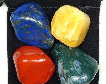 PROCRASTINATION Tumbled Crystal Healing Set - 4 Gemstones with Description Card & Pouch - Calcite, Jasper, Lapis Lazuli, and Moss Agate