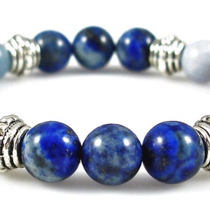 KEEL CHAKRA BALANCER 8mm Crystal intentie stretch kraal armband w/beschrijving kaart-Angelite, Chalcedoon, en Lapis Lazuli