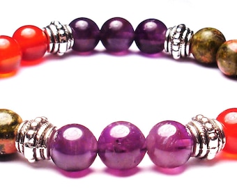 ENDOMETRIOSIS SUPPORT 8mm Crystal Intention Stretch Bead Bracelet with Description Card - Amethyst, Carnelian, and Unakite