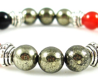 BLOOD DISORDER SUPPORT 8mm Crystal Intention Stretch Bead Bracelet with Description Card - Carnelian, Onyx, and Pyrite