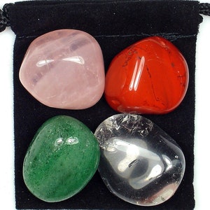 HEART SUPPORT Tumbled Crystal Healing Set - 4 Gemstones with Description Card & Pouch - Aventurine, Clear Quartz, Jasper, and Rose Quartz