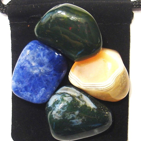 LYMPHATIC SYSTEM SUPPORT Tumbled Crystal Healing Set - 4 Gemstones with Description and Pouch - Agate, Bloodstone, Moss Agate, & Sodalite