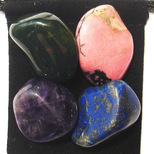 HEARING SUPPORT Tumbled Crystal Healing Set - 4 Gemstones with Description Card & Pouch - Amethyst, Bloodstone, Tourmaline, and Rhodonite