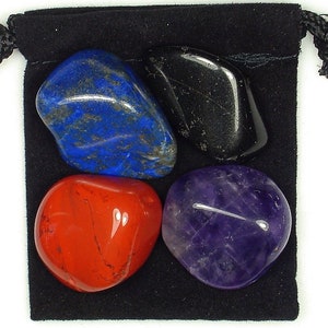 EPILEPSY SUPPORT Tumbled Crystal Healing Set - 4 Gemstones with Description & Pouch - Amethyst, Dumortierite, Jasper, and Black Tourmaline