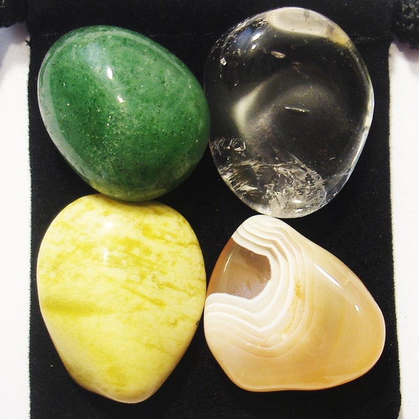 Good PHYSICAL HEALTH SUPPORT Tumbled Crystal Healing Set -4 Gemstones w/Description & Pouch- Agate, Aventurine, Clear Quartz, and Serpentine