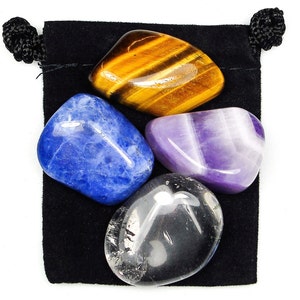 SELF DISCOVERY Tumbled Crystal Healing Set- 4 Gemstones w/Description & Pouch - Chevron Amethyst, Clear Quartz, Sodalite, and Tigers Eye