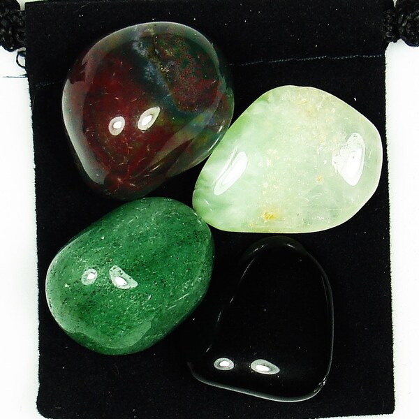 FOR THE HEALER Tumbled Crystal Healing Set - 4 Gemstones w/Description Pouch - Aventurine, Bloodstone, Obsidian, and Prehnite