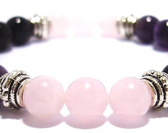 BREAST CANCER SUPPORT 8mm Crystal Intention Stretch Bead Bracelet with Description Card - Amethyst, Rose Quartz, & Smoky Quartz