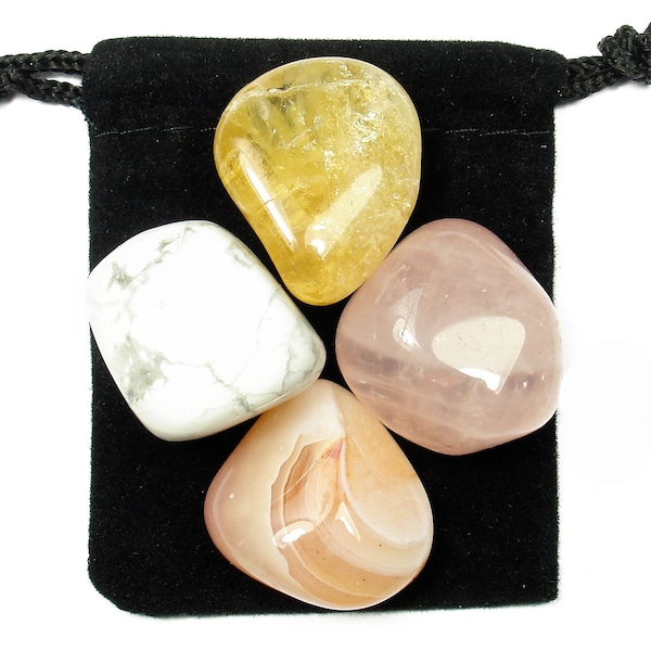 INNER CALM Tumbled Crystal Healing Set - 4 Gemstones w/Description & Pouch - Agate, Citrine, Howlite, Rose Quartz
