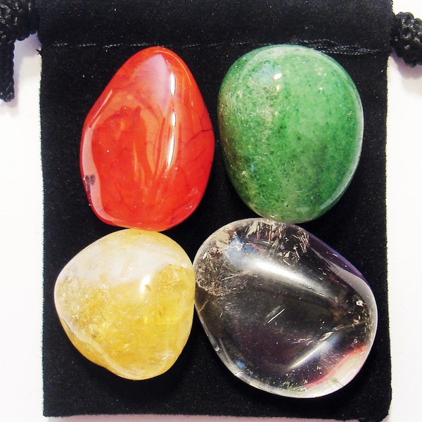 MANIFEST BUSINESS SUCCESS Tumbled Crystal Healing Set - 4 Gemstones w/Description & Pouch - Aventurine, Carnelian, Citrine, Clear Quartz