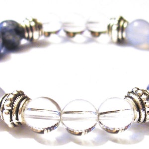 Allattamento al seno supporto 8mm Crystal intenzione stretch Bead Bracciale con descrizione scheda-quarzo chiaro, calcedonio blu, & sodalite