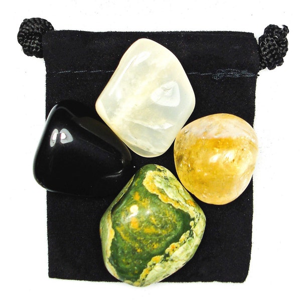 RELEASING the PAST (Moving Fwd) Tumbled Crystal Healing Set - 4 Gemstones w/Card & Pouch - Black Obsidian, Citrine, Moonstone, Rhyolite