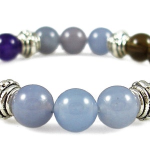 BAD DREAMS / NIGHTMARES 8 mm Bransoletka z rozciągliwych koralików Crystal Intention Stretch Bead z kartą opisu - ametyst, niebieski chalcedon i kwarc dymny