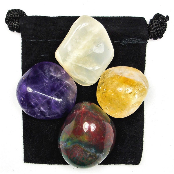 PSYCHIC INTUITION Tumbled Crystal Healing Set - 4 Gemstones w/Description and Pouch - Amethyst, Bloodstone, Citrine, and Moonstone